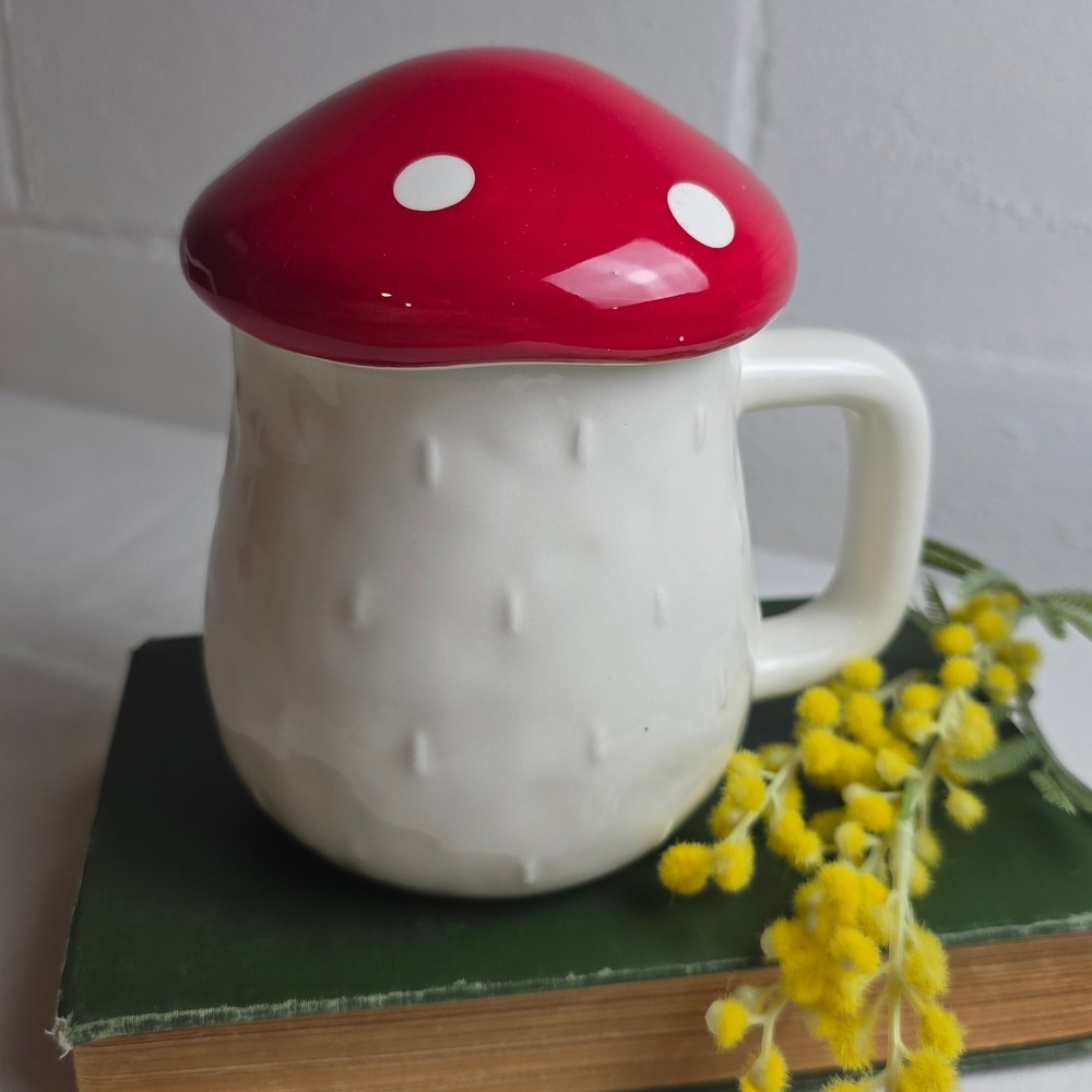 Red Mushroom Ceramic Mug with Lid Whimsical Toadstool Tea Cup Cottagecore Decor